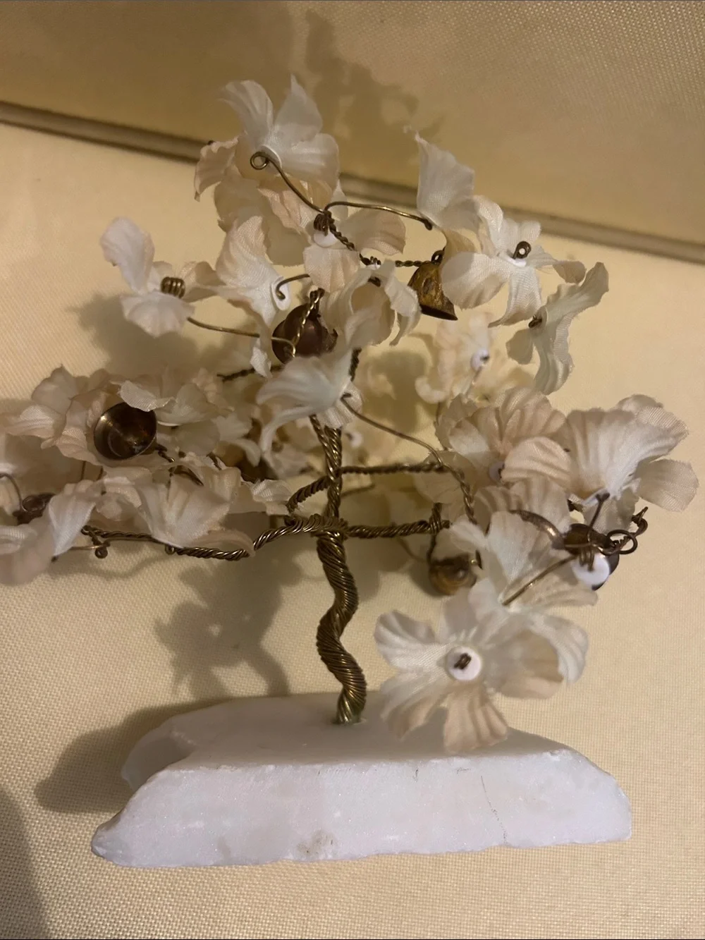 Vintage Decorative Floral Sculpture with Cream Fabric Blooms and gold bells